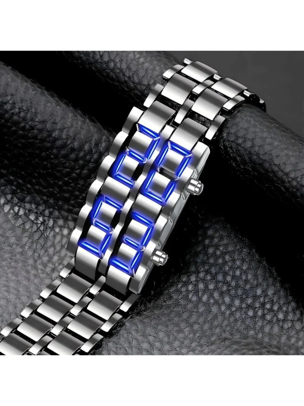 Mens Silver Blue Analog Quartz Lava Style Stainless Steel Bracelet Digital Watch